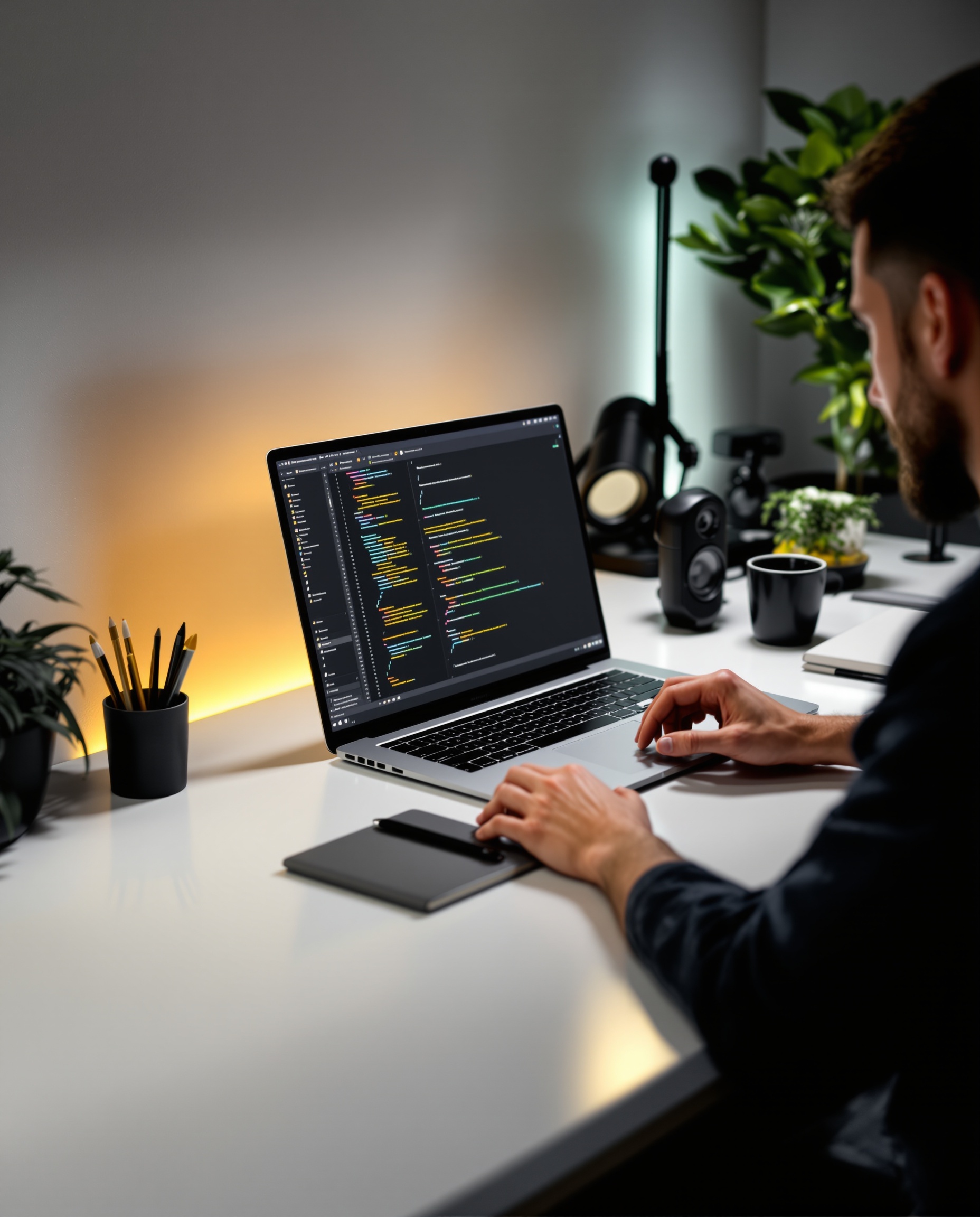 Full-stack web engineer working at desk with code editor